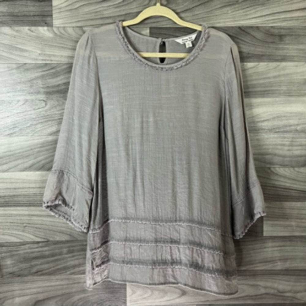 Krazy Kat Womens Blouse Beige 3/4 Sleeve Scoop Neck Ruffles Viscose Blend Boho M